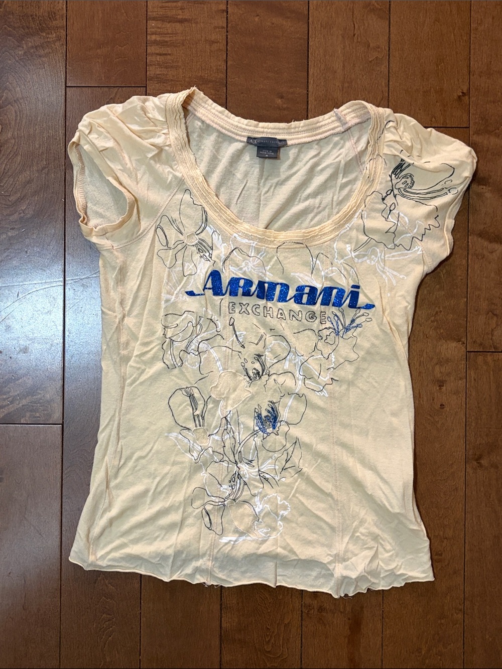 Armani Exchange Butter Yellow Scoop Neck Tee with Blue Logo & Floral Design